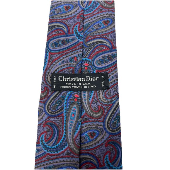 Christian Dior Red Blue Paisley‎ Imported Silk Men's Necktie 55.75" x 3" - Picture 4 of 6